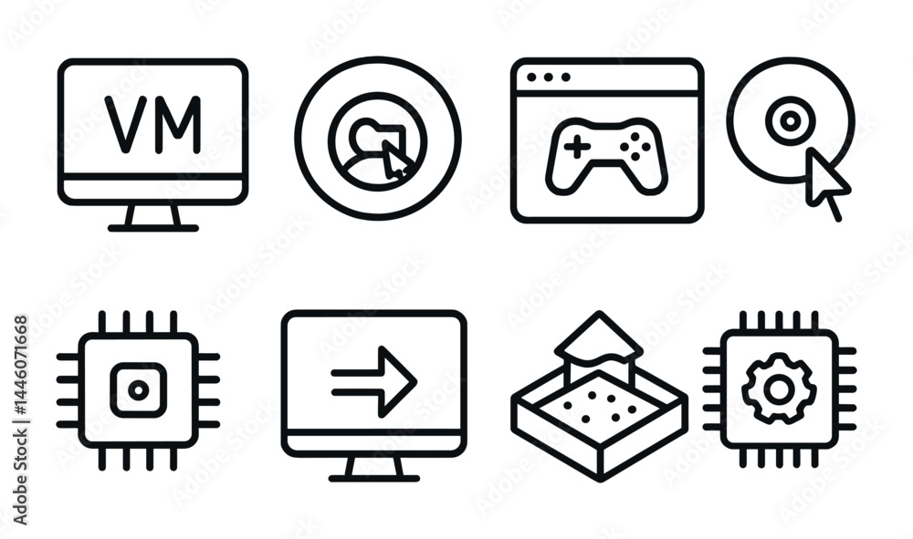 Poster computer technology outline icons set – modern and simple tech, cybersecurity, and software symbols 