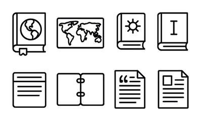 Education and learning outline icons – flat style academic, school, and study symbols for knowledge: book, globe, map, notebook, document, sun, info, paper.