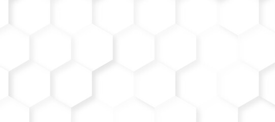 Fototapeta premium Seamless hexagon pattern on a clean white background, modern and minimalistic design. Geometric layout with evenly spaced hexagons, subtle shadows for depth, high-resolution vector style. 