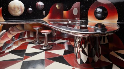 Futuristic diner interior with vibrant cosmic design.