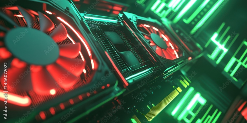 Poster neon-lit graphics cards: a close-up view of high-performance computing