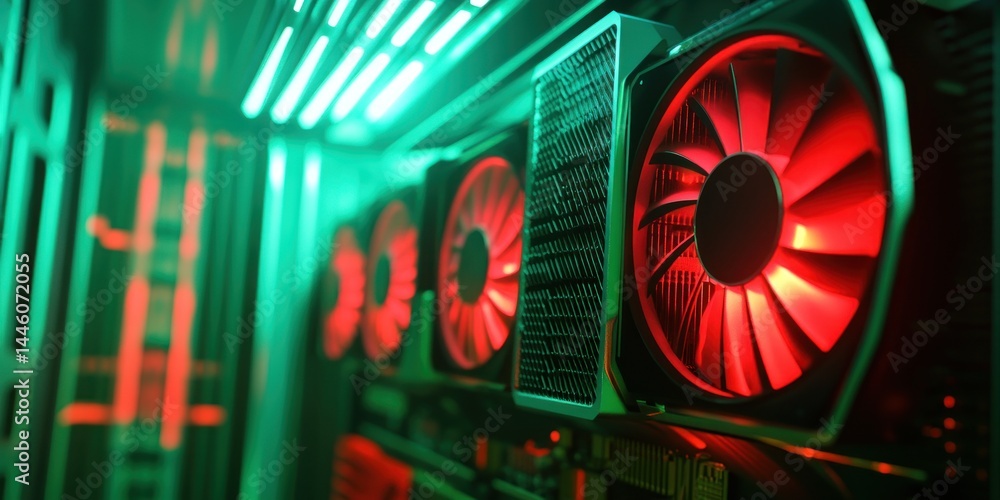 Poster close-up of high-performance graphics cards in a data center with red and green lighting
