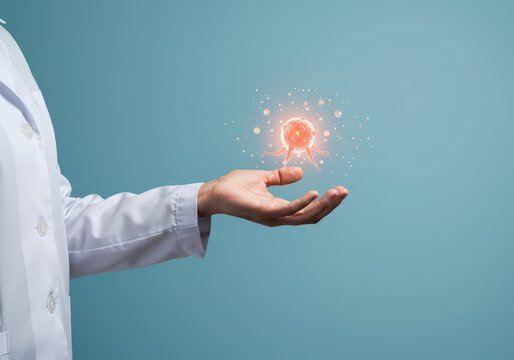 Doctor's hand holding cancer cell illustration. Medical breakthrough concept. Cancer treatment development and research. Oncology research. World cancer day.