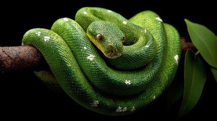 Fototapeta premium Emerald Tree Boa Coiled on Dark Branch, White Speckled Scales