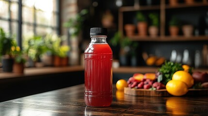 Fresh beverage bottle on kitchen counter alongside an assortment of fruits