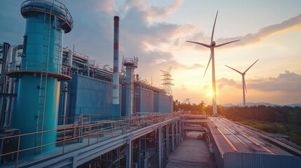 Obraz premium Industrial complex with wind turbines at sunset