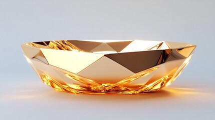 Fototapeta premium Elegant golden decorative bowl, shiny geometric design, crafted for artistic display, highlights luxury and modern decor.