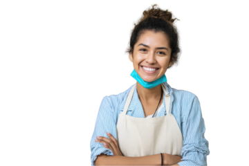 Happy young woman baker smiling wearing apron and mask job chef food cook on transparent background
