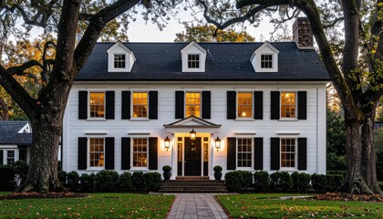 Colonial-style home with white exterior, black shutters, centred front door with lantern-style light 