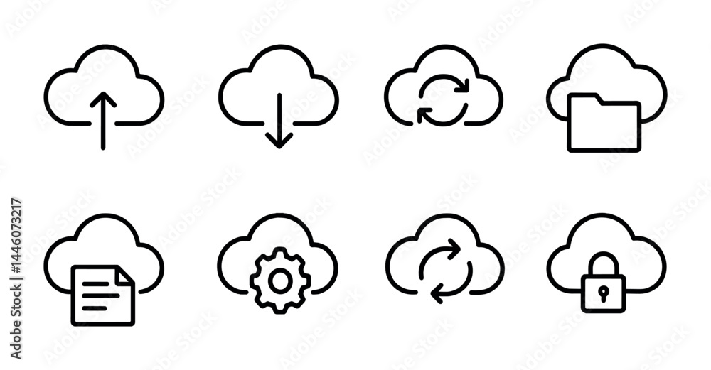Poster cloud technology outline icons set – line style for digital storage, data sync, and security solutio