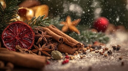 Festive Christmas spices and ornaments create a wintery display.