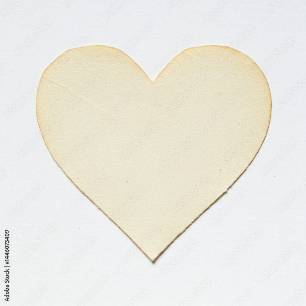 Poster close up of a cream colored heart shape on a white background with a slight shadow on the surface