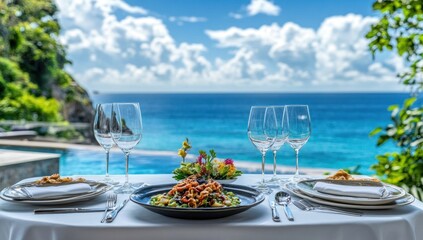 Obraz premium Luxury Oceanfront Dining: Exquisite Meal with Stunning Sea View