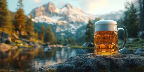 International beer day with foam alcohol idea. Refreshing beer by a tranquil mountain lake.
