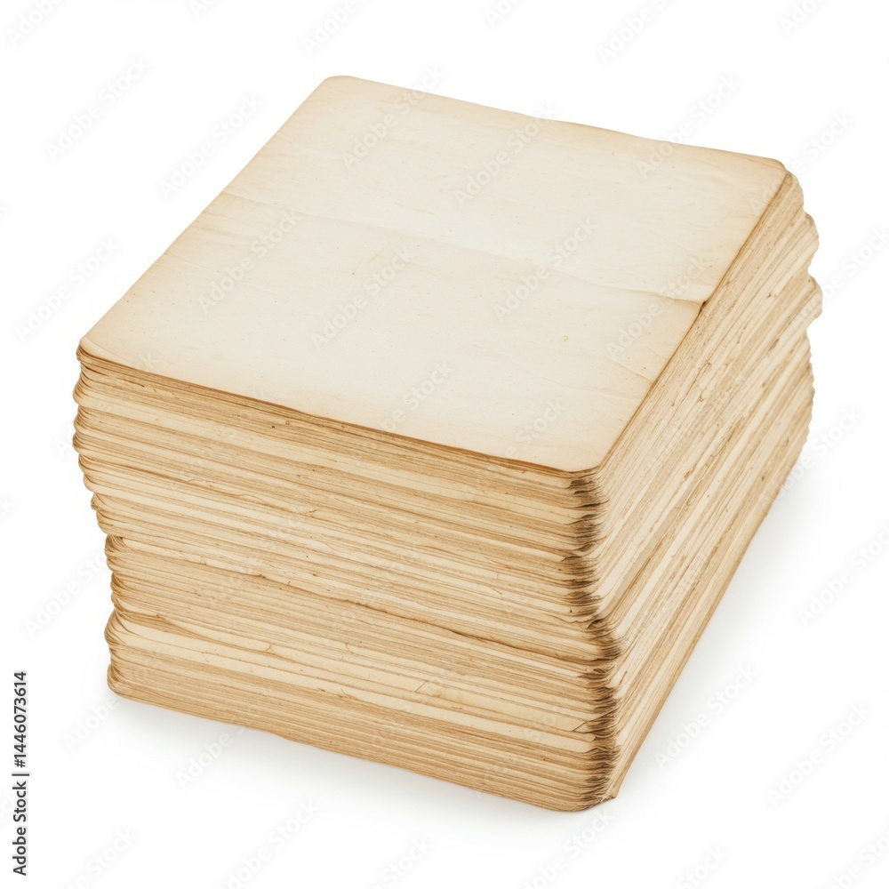 Aufkleber a stack of aged paper sheets with yellowed edges lying flat on a white surface in a square formation