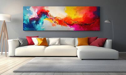 Vibrant abstract wall art above modern white sectional sofa in stylish living room.
