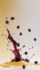Splashes of berry juice and black currant berries on a soft gradient background