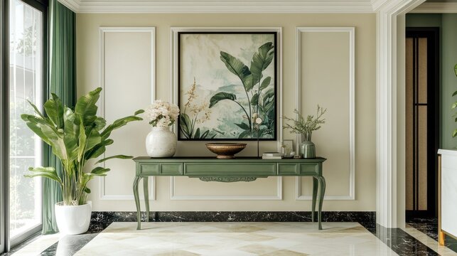 Elegant foyer with a statement artwork
