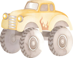 Watercolor illustration of a yellow monster truck with flame detail on transparent background. © beyouenked