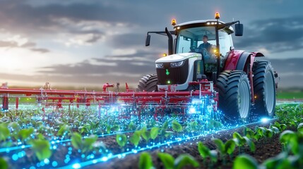 Innovative agricultural technology advanced tractor in action farm fields digital farming rural environment dynamic perspective