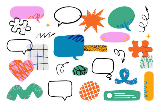 A collection of diverse doodle-style elements, including speech bubbles, puzzle pieces, stars, hearts, arrows, abstract shapes, and textured patches.
