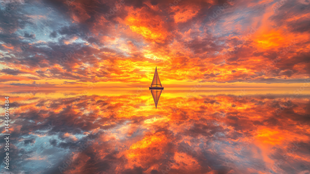 Aufkleber fiery sunset sky reflected in calm water, sailboat at center, creating a serene and balanced composi