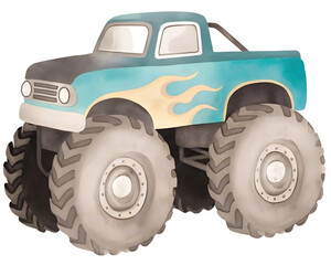 Watercolor illustration of a blue and black monster truck with flame decals on transparent background. © beyouenked