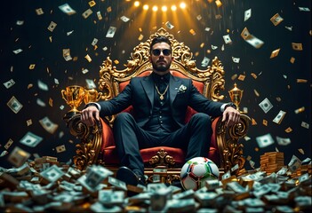 Luxury man sits on a throne in a suit, money and cups around