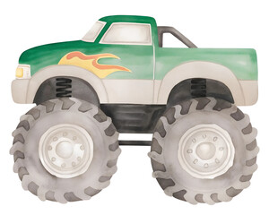 Watercolor illustration of a green monster truck with flames on transparent background. © beyouenked