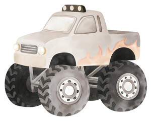 Watercolor illustration of a gray monster truck with flames on transparent background.