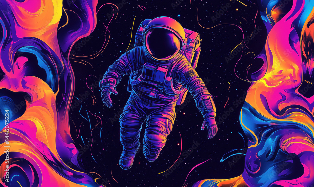 Aufkleber astronaut floating in vibrant cosmic colors with abstract swirling patterns.