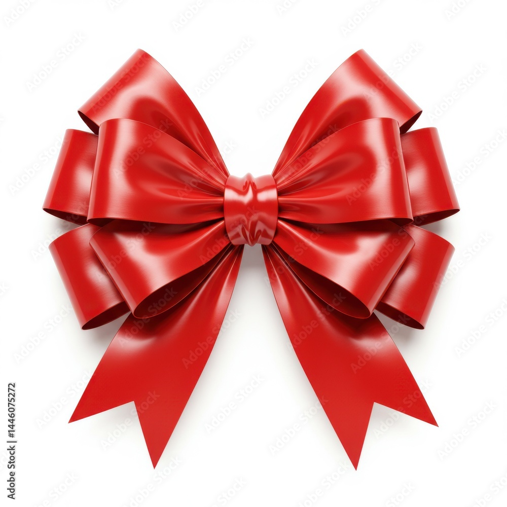 Poster a glossy red bow with multiple loops and long tails isolated on a white background surface view