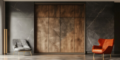 Modern interior design featuring elegant wooden wardrobe and stylish armchairs.