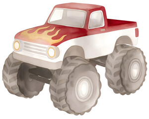 Watercolor illustration of a red and white monster truck with flames on transparent background. © beyouenked