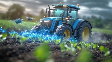 Fototapeta premium Futuristic agricultural innovation tractors and drones enhancing crop growth farmland digital farming outdoor aerial perspective