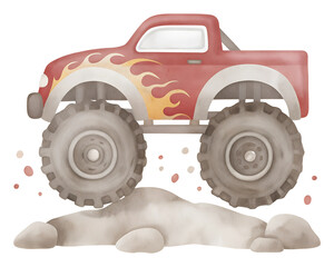 Watercolor style red monster truck with flames on a rock pile on transparent background. © beyouenked