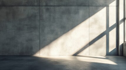 Sunlit concrete room interior with shadows.