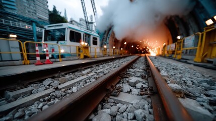 Under Construction Subway Tunnel Sparkling with Sparks and Smoke During Daytime Engineering Work