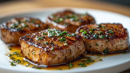 Seared tuna medallions on plate, restaurant setting, wooden table