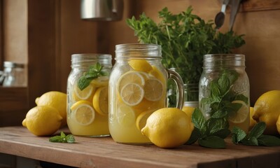 Fototapeta premium Refreshing homemade lemonade displayed in rustic mason jars, ready to serve
