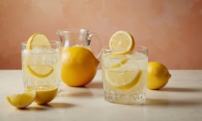 Refreshing lemon beverage served with ice and whole lemon fruits, a taste of summer
