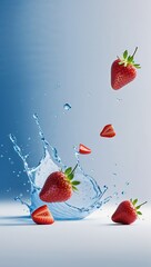 Fresh strawberries splashing in water against a blue background  