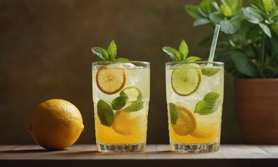 Fototapeta premium Refreshing citrus infused beverages with vibrant mint garnish on wooden table