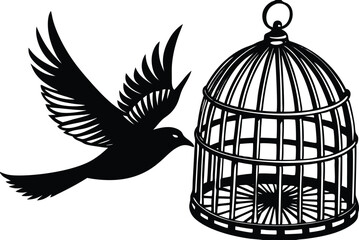 Fototapeta premium Bird Flying Out Of Cage Silhouette