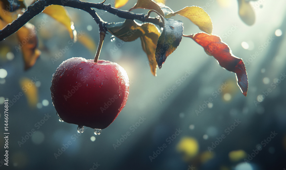 Poster red apple hanging on branch with dew drops and sunlight filtering through leaves.