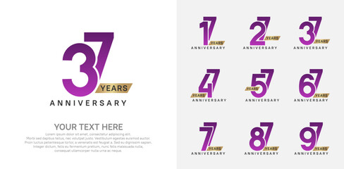 Anniversary logo set vector design, purple and gold color for celebration event