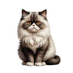 Sitting Fluffy Cat Portrait with Intense Gaze on Transparent or White Background