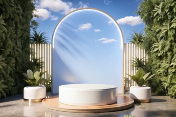 Elegant Product Display Stand with Gradient Lighting and Tropical Setting