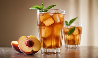 Fototapeta premium Refreshing peach iced tea with mint garnish on table for summer refreshment