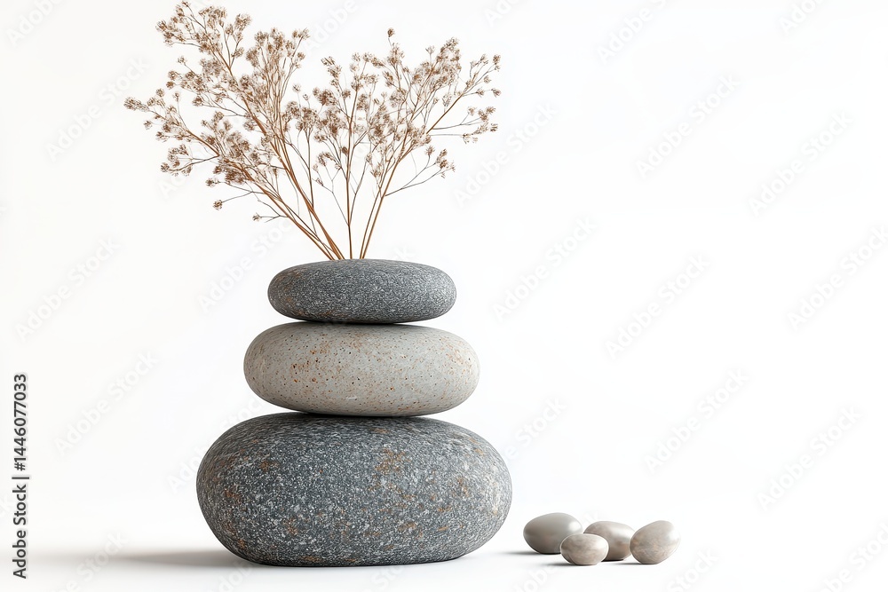 Aufkleber decorative arrangement of smooth stones with delicate white flowers on a neutral background for mode